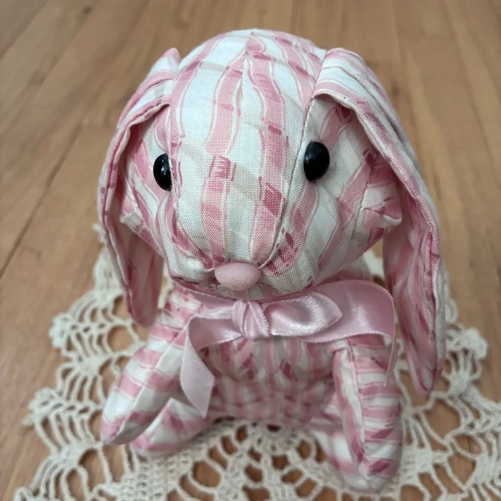 NWOT Saks Fifth Avenue Vintage Pink/White w/lt tan Striped Bunny, stuffed muslin